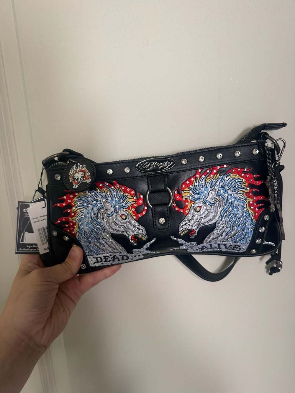 Ed Hardy Shoulder Bag Black Faux Leather Rhinestone Dead Or Alive Horse New